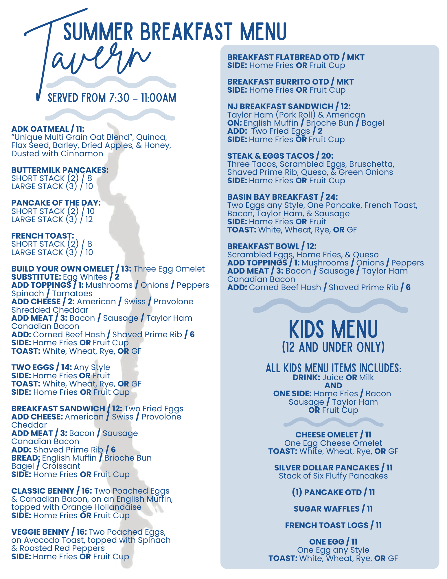 Blue summer breakfast menu board for a tavern, with adult and kids menu sections.