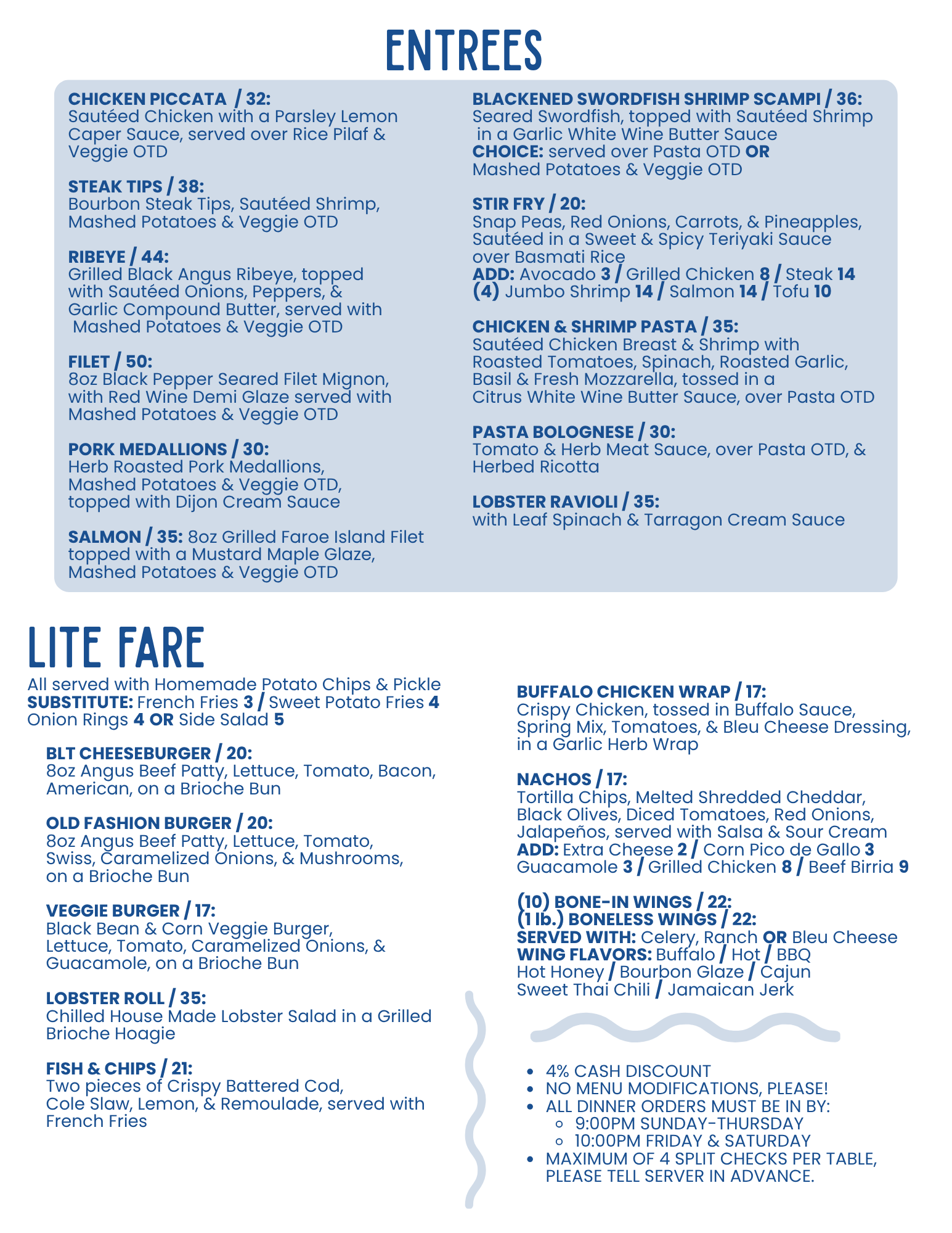 Blue-and-white restaurant menu page with sections for entrees and lite fare.