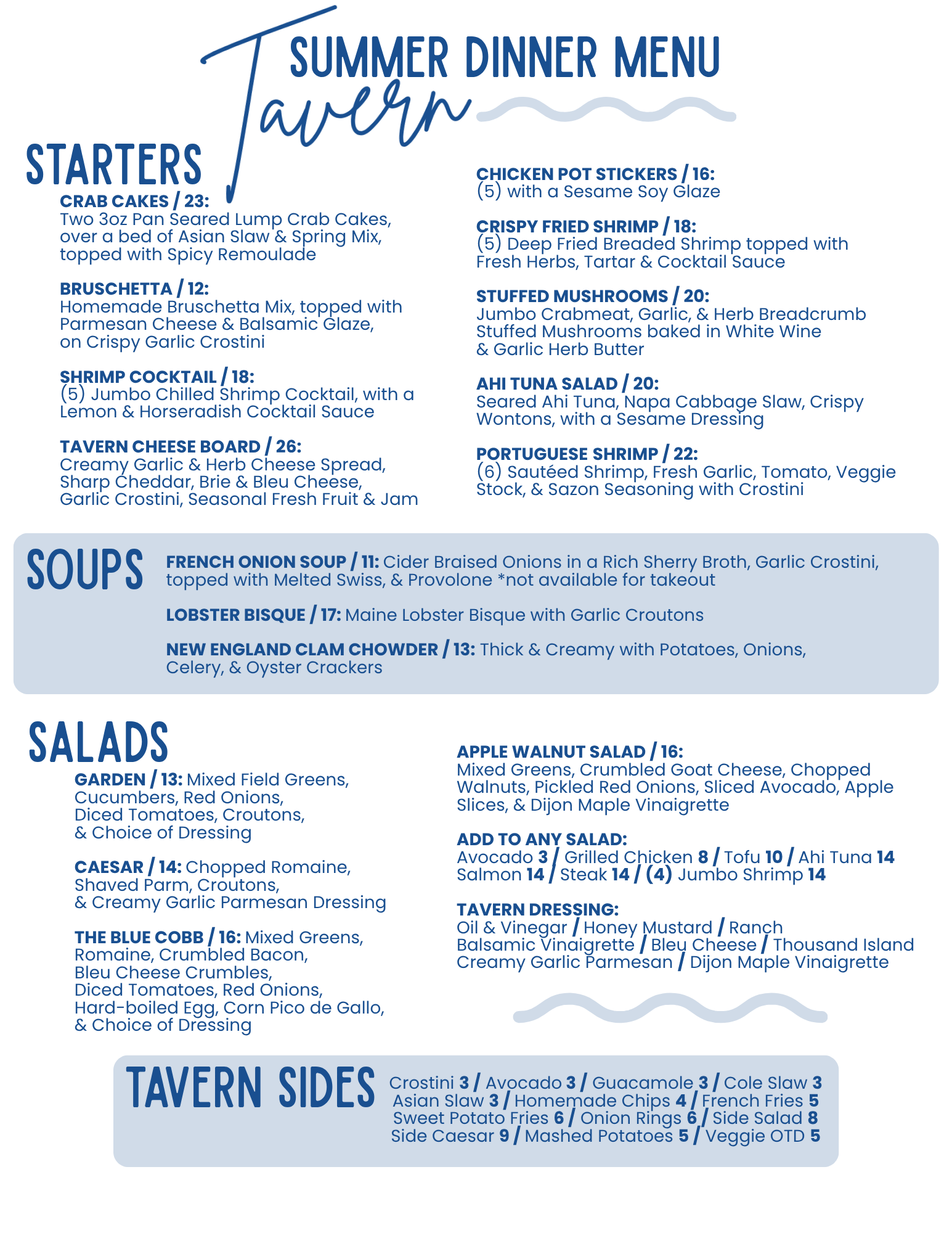 Summer Tavern menu with starters, soups, salads, and tavern sides in blue and white.