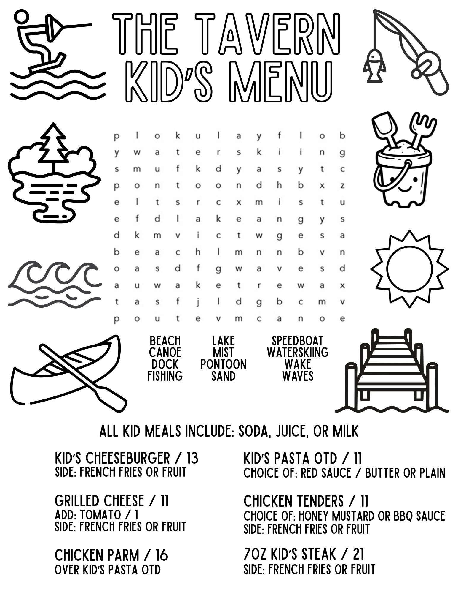 Black-and-white Tavern kids menu with playful doodles and food options for children