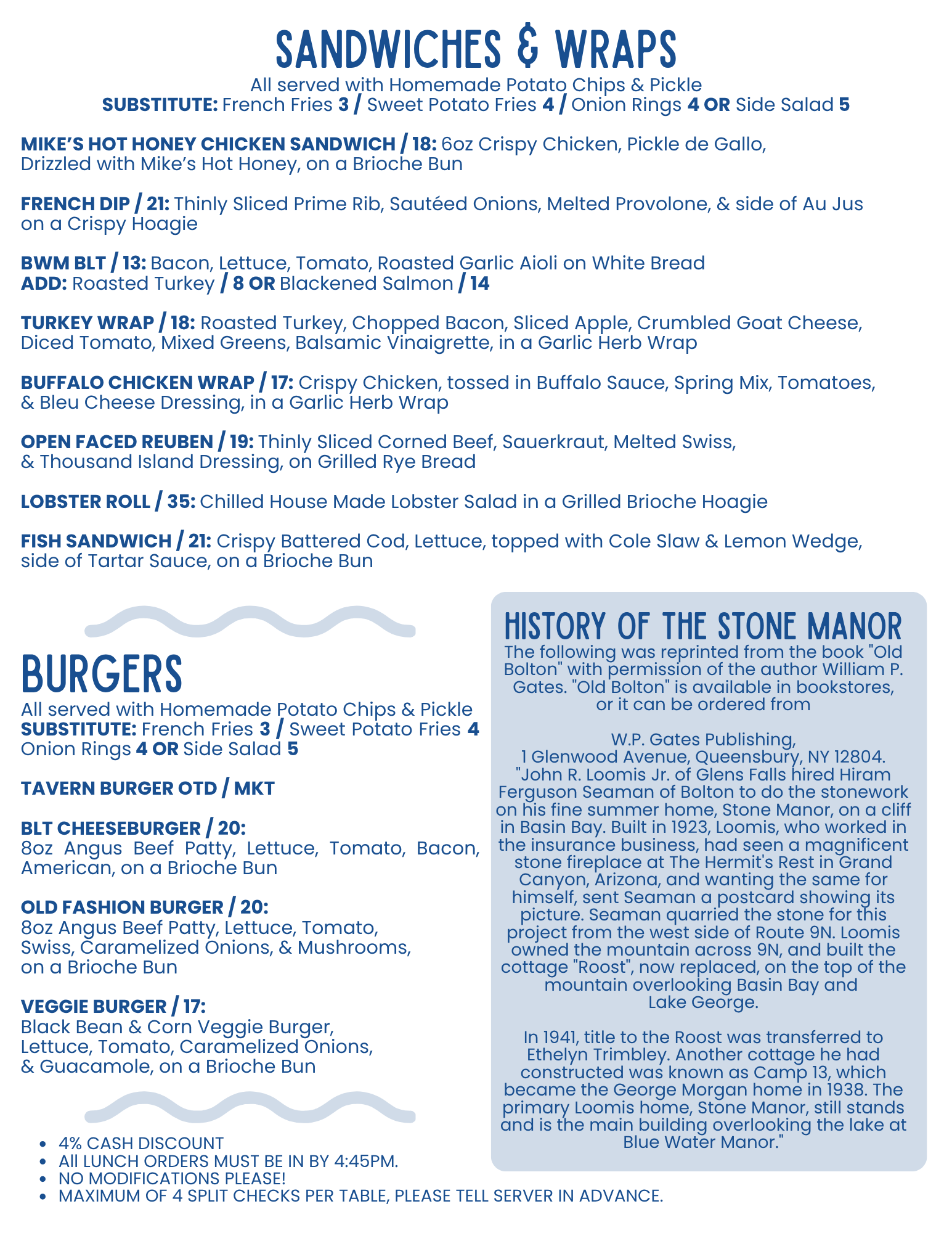 Blue-and-white restaurant menu page with sandwich, wrap, burger sections and a “History of the Stone Manor” box