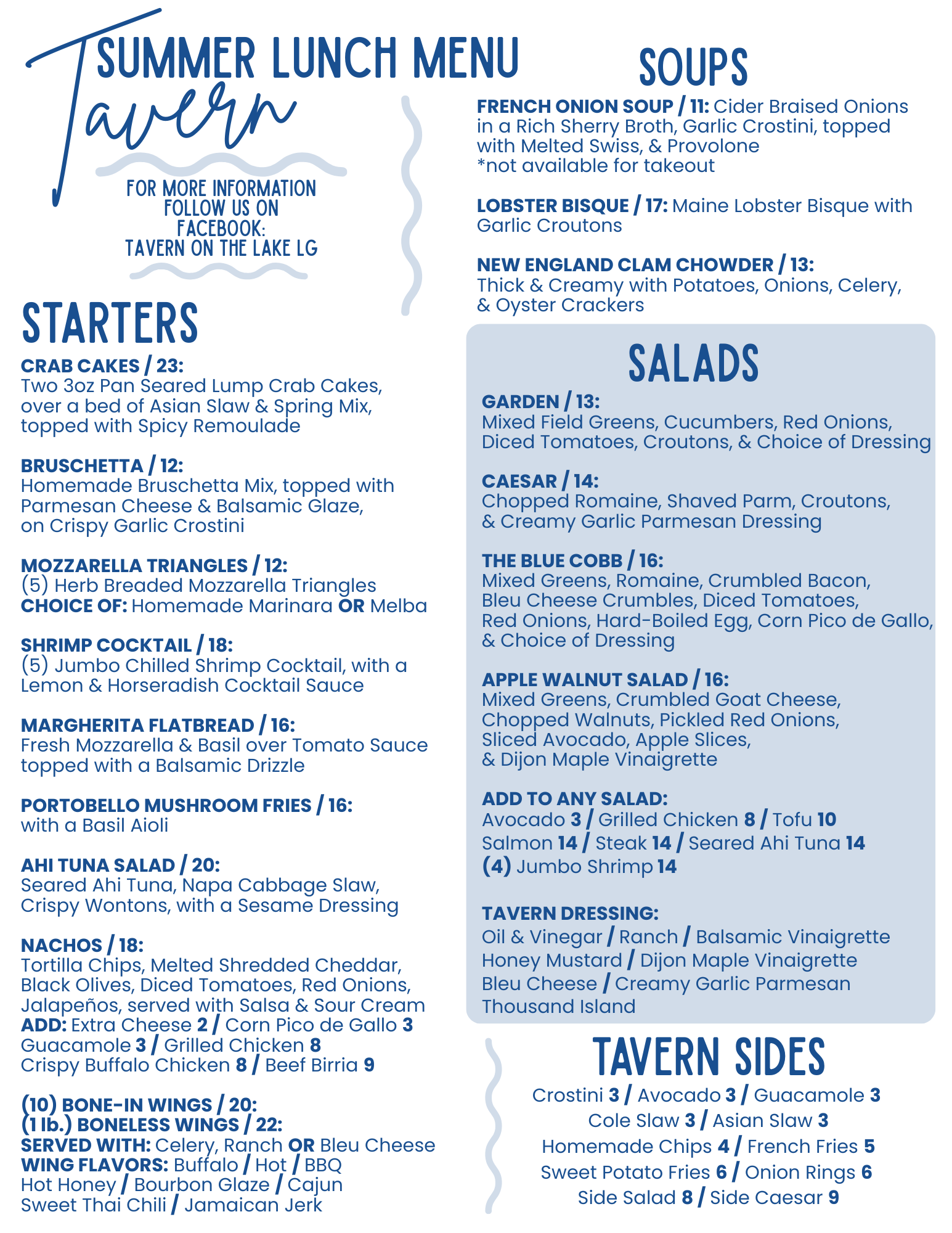 Summer lunch menu with sections for starters, soups, salads, and tavern sides in blue text.