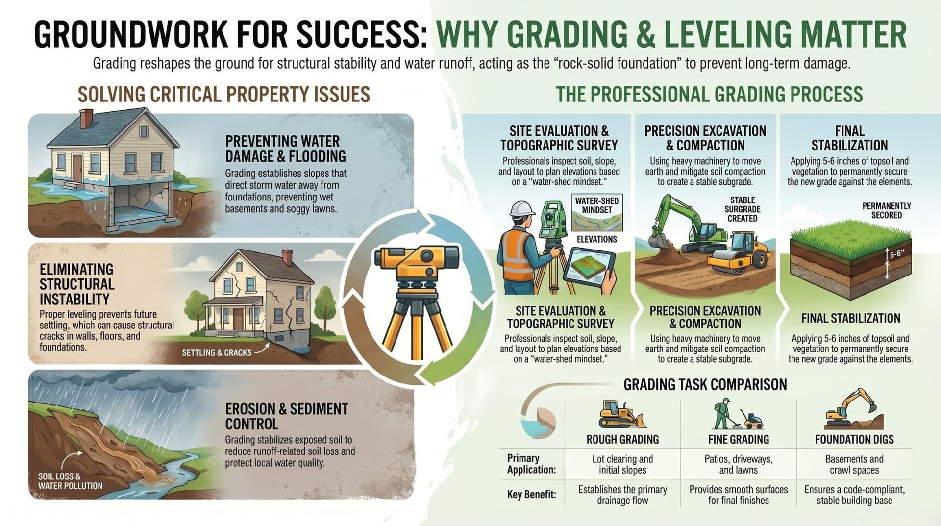 Grading and Leveling: what and why they are important, and what problems they solve.