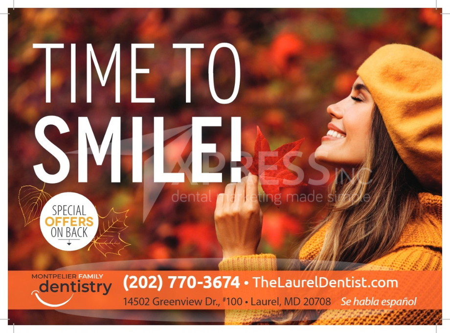 A fall-themed promotional flyer for Montpelier Family Dentistry featuring a family walking outdoors, with contact details.