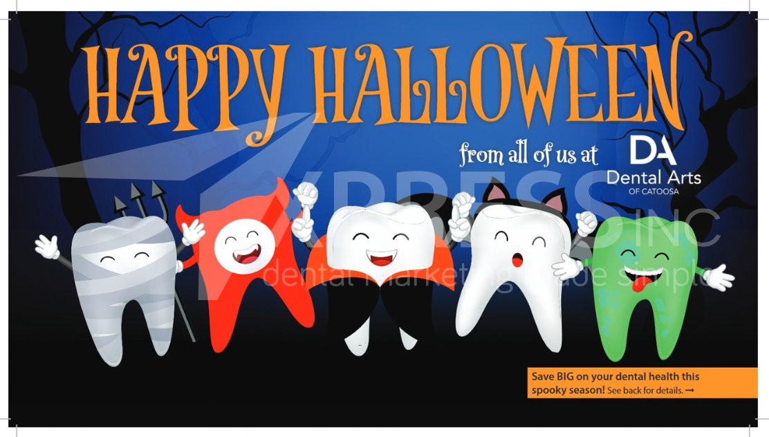 A fall-themed promotional flyer for Montpelier Family Dentistry featuring a family walking outdoors, with contact details.