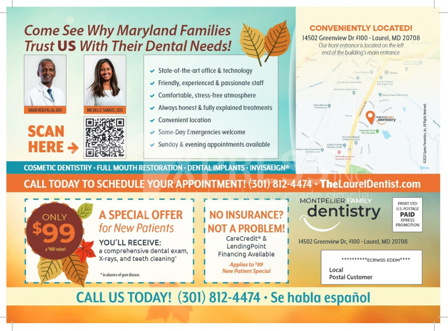A dental promotion by Smiles by Design, featuring a $149 diagnostic visit, contact info, and office location in Syracuse, NY.