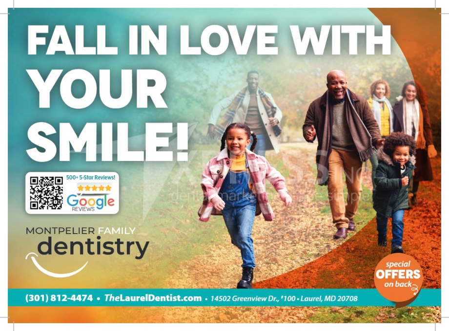 A fall-themed promotional flyer for Montpelier Family Dentistry featuring a family walking outdoors, with contact details.