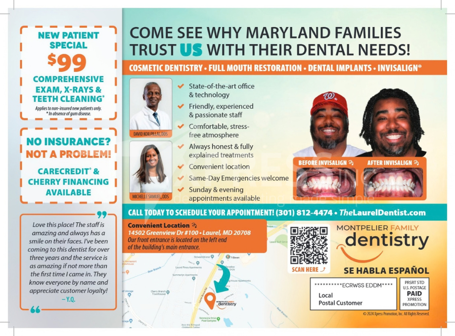 Promotional flyer for Montpelier Family Dentistry, listing services, a new patient offer, location, and contact information.