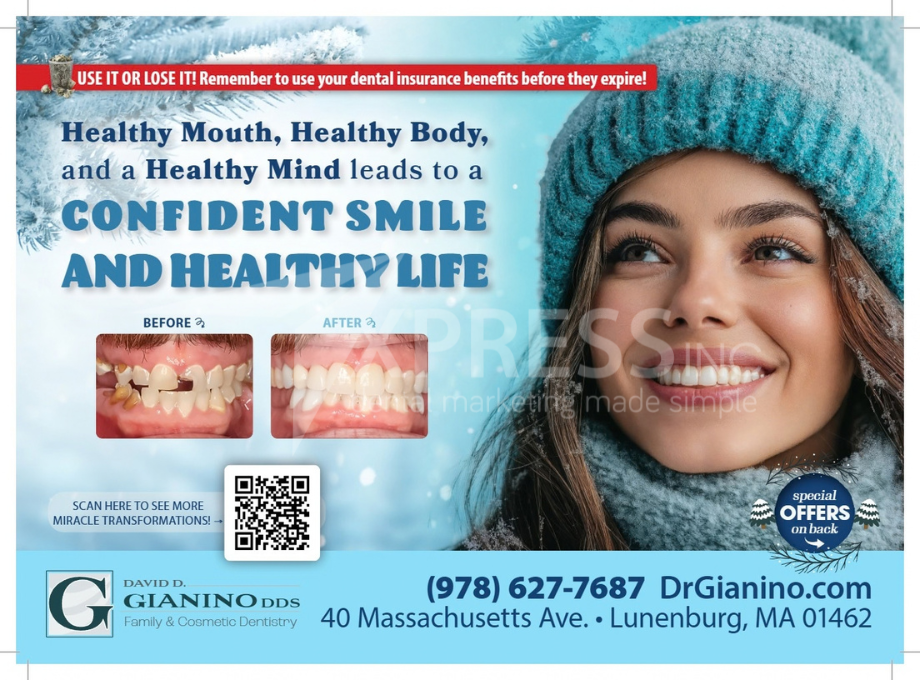 A smiling family in winter gear promotes Smiles By Design. Contact info: (315) 417-8784, 1304 Buckley Rd, and SmilesBD.com.