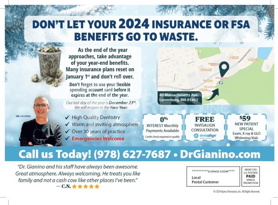A dental promotion by Smiles by Design, featuring a $149 diagnostic visit, contact info, and office location in Syracuse, NY.
