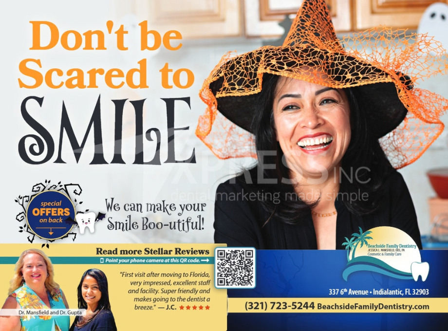 A fall-themed promotional flyer for Montpelier Family Dentistry featuring a family walking outdoors, with contact details.