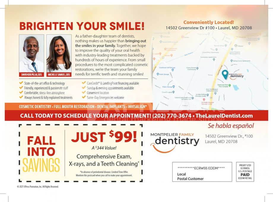 Promotional flyer for Montpelier Family Dentistry, listing services, a new patient offer, location, and contact information.