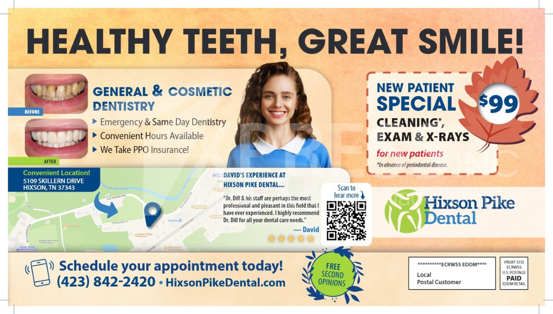 A dental promotion by Smiles by Design, featuring a $149 diagnostic visit, contact info, and office location in Syracuse, NY.