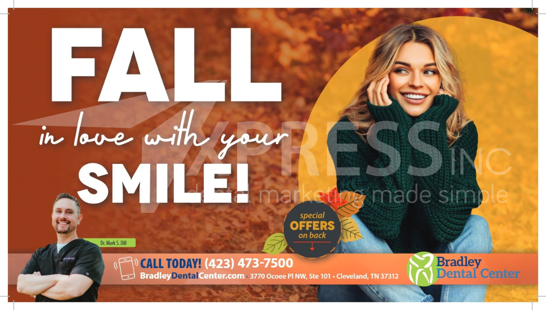A fall-themed promotional flyer for Montpelier Family Dentistry featuring a family walking outdoors, with contact details.