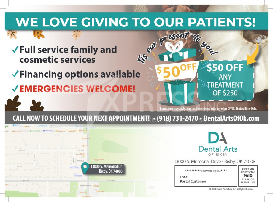 A dental promotion by Smiles by Design, featuring a $149 diagnostic visit, contact info, and office location in Syracuse, NY.