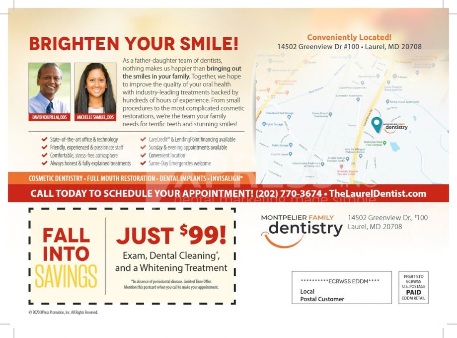 A dental promotion by Smiles by Design, featuring a $149 diagnostic visit, contact info, and office location in Syracuse, NY.