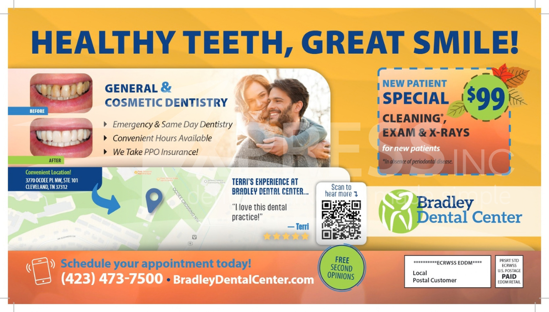 Promotional flyer for Montpelier Family Dentistry, listing services, a new patient offer, location, and contact information.