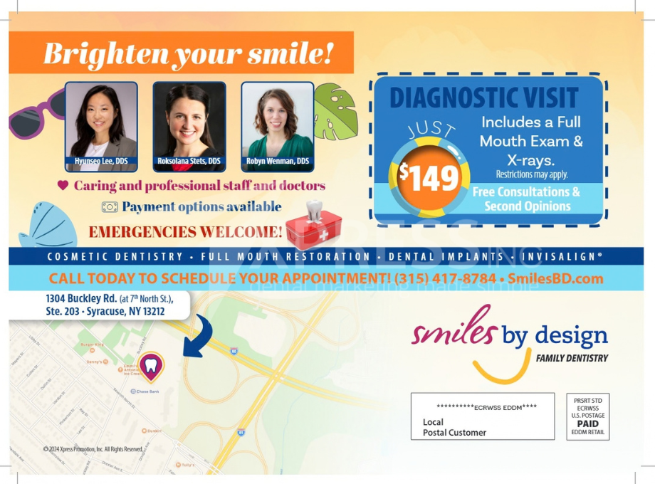 Soul Smiles Dentistry promotional mailer featuring a map, contact info, and special offers for new patients.