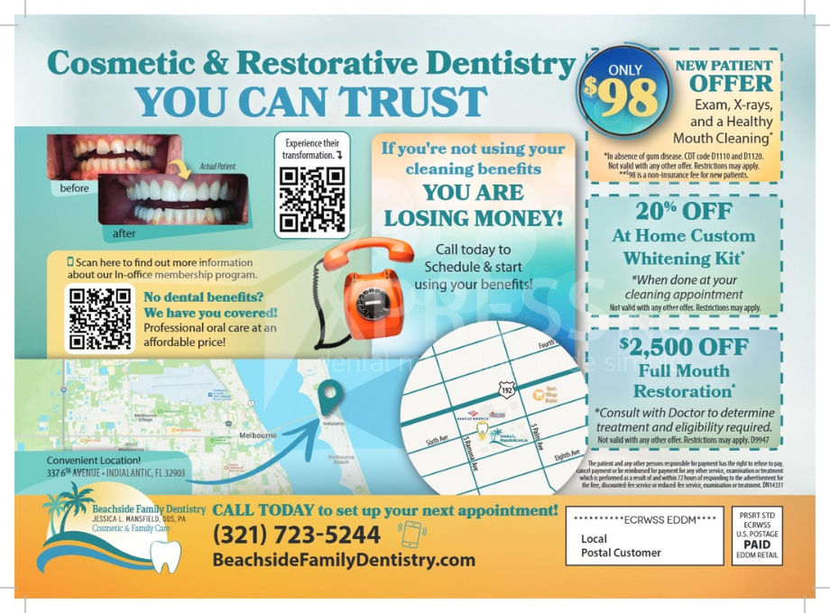 A dental promotion by Smiles by Design, featuring a $149 diagnostic visit, contact info, and office location in Syracuse, NY.