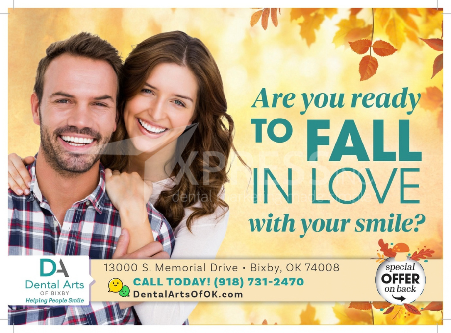 A fall-themed promotional flyer for Montpelier Family Dentistry featuring a family walking outdoors, with contact details.