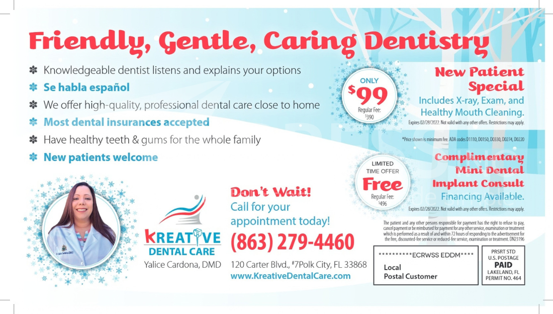 Promotional flyer for Montpelier Family Dentistry, listing services, a new patient offer, location, and contact information.