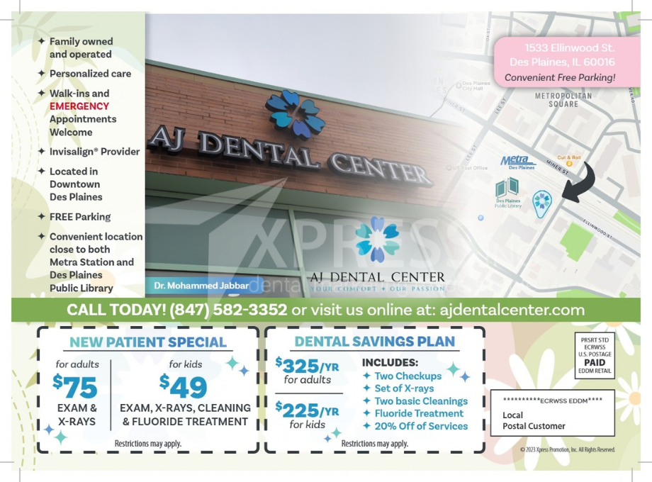 Promotional postcard for Core Dentistry, featuring a $59 new patient special, contact info, and map for their Fort Mill office.