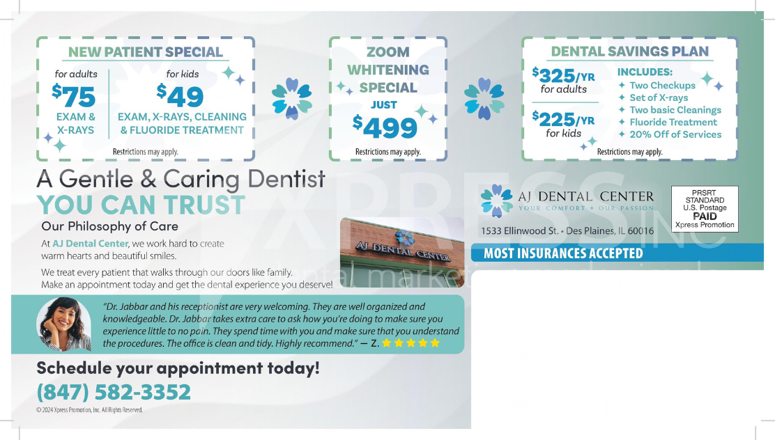 Flyer for Astra Dental Care in Bloomingdale, IL, featuring special offers, contact info, a location map, and website.