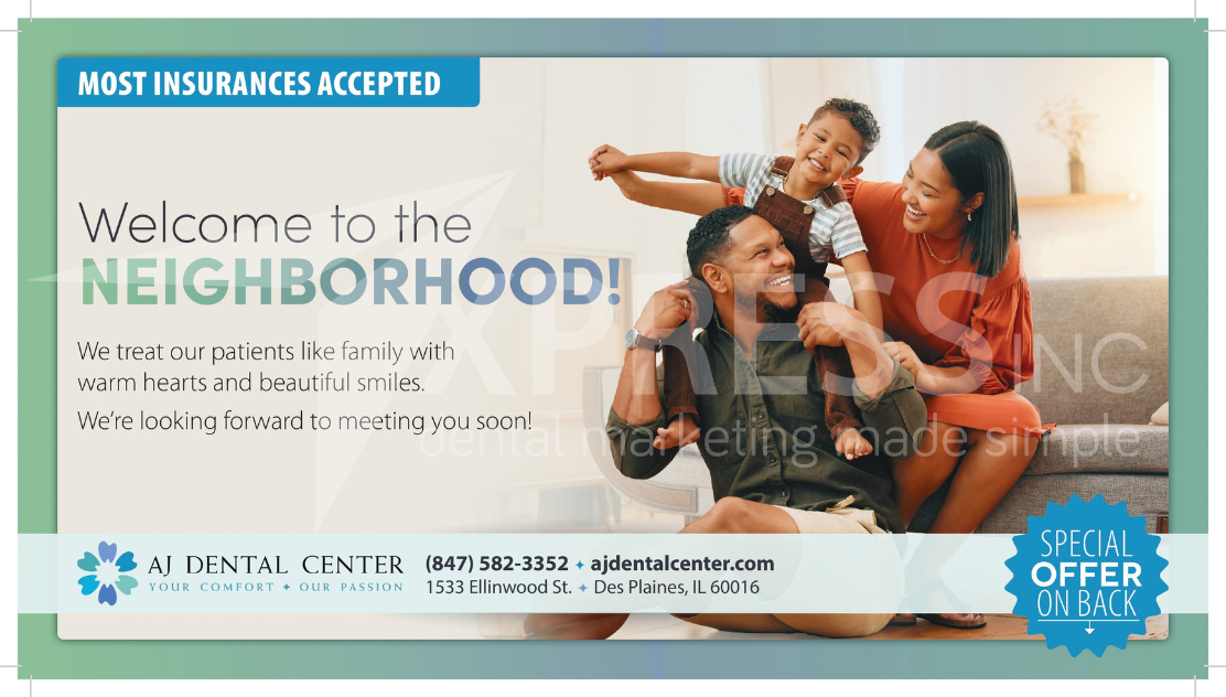 Grand opening flyer for Astra Dental Care in Bloomingdale, IL, featuring Dr. Shamil Shafi and a special offer.