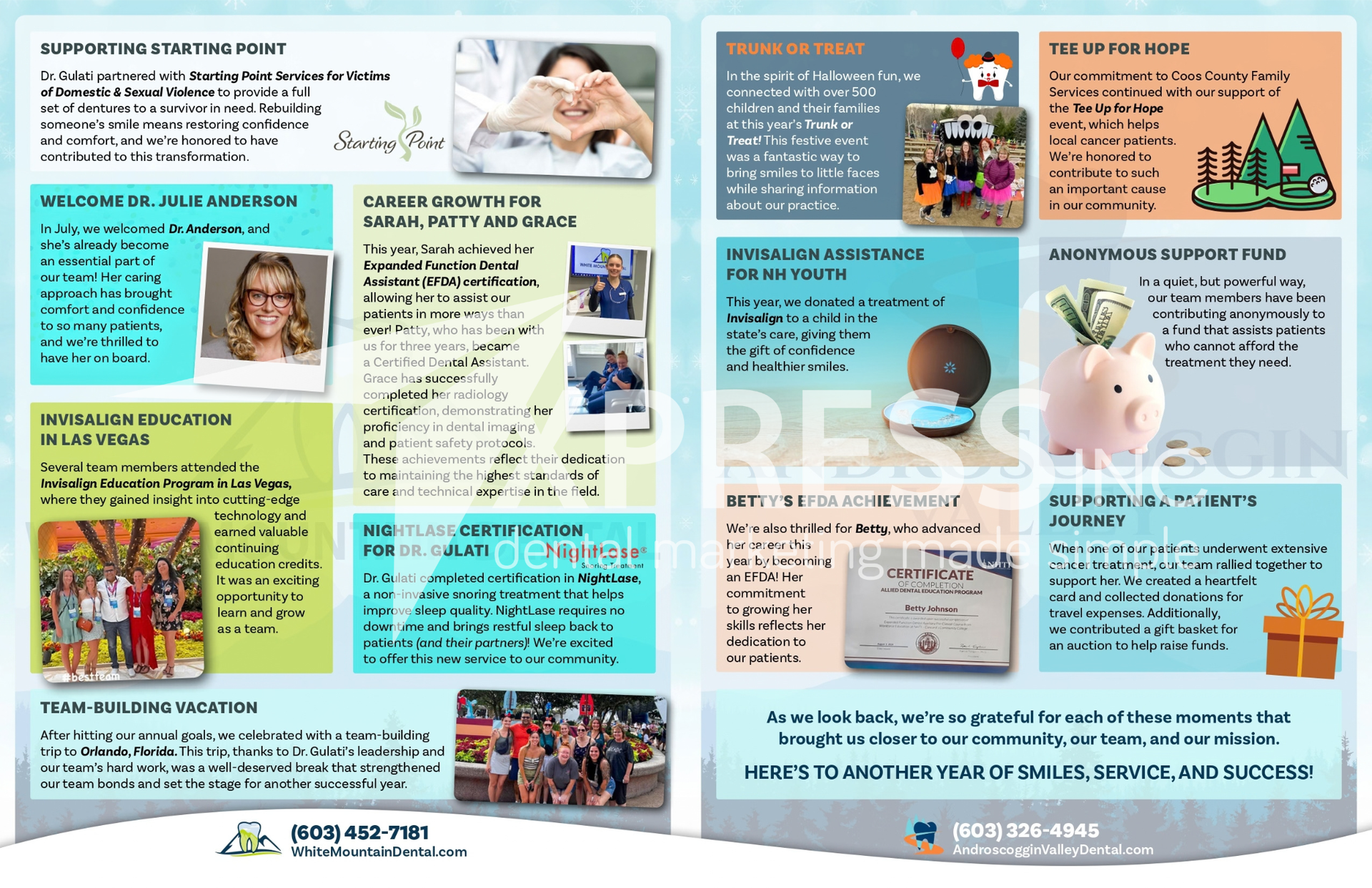 Flyer for Astra Dental Care in Bloomingdale, IL, featuring special offers, contact info, a location map, and website.