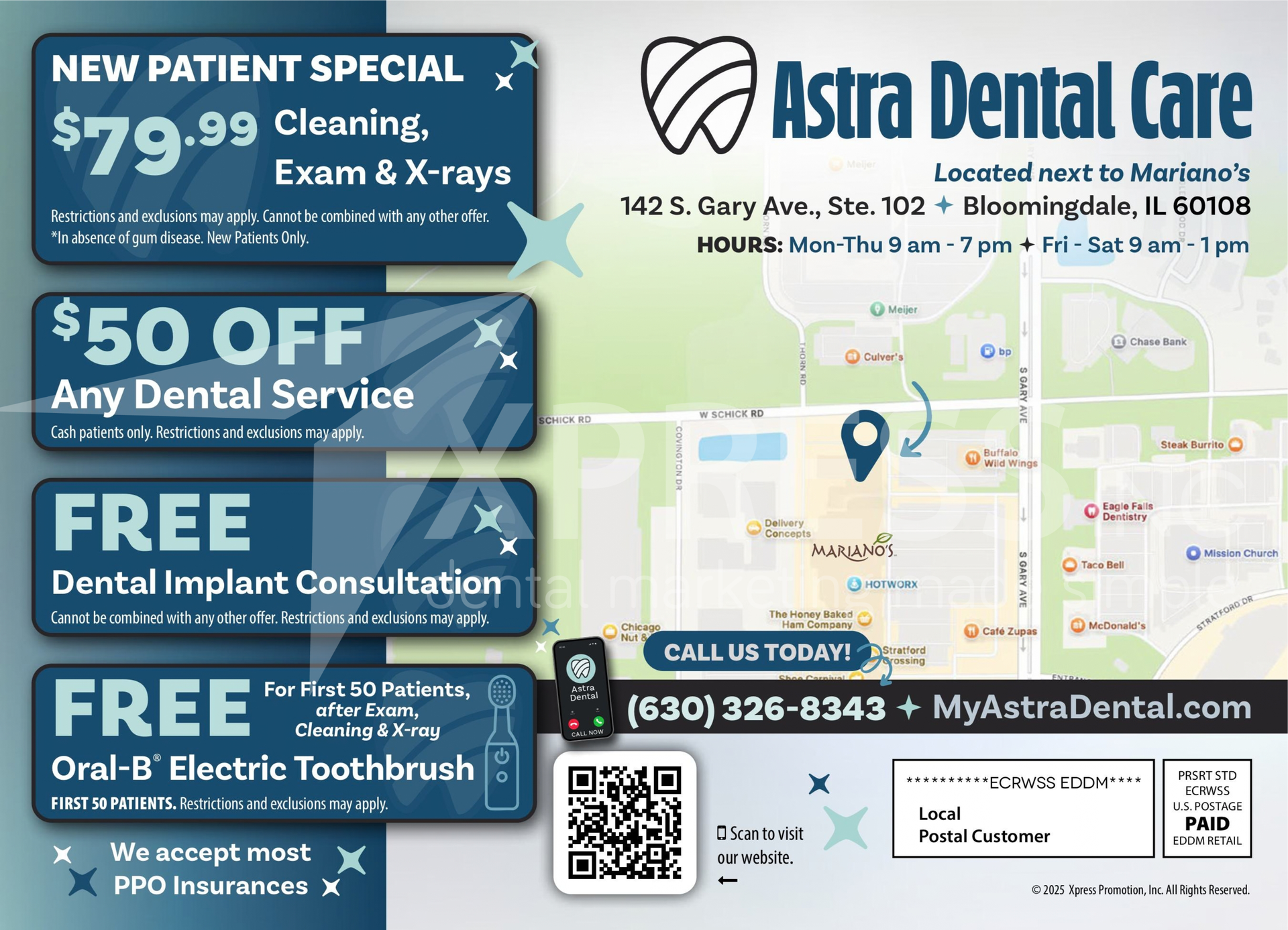 Soul Smiles Dentistry promotional mailer featuring a map, contact info, and special offers for new patients.