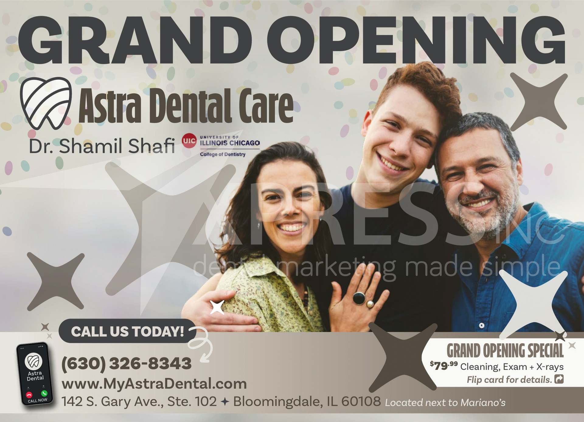 A Q&A Dental Care promotional ad with a smiling family, phone number (330)-621-0118, and address on a yellow background.