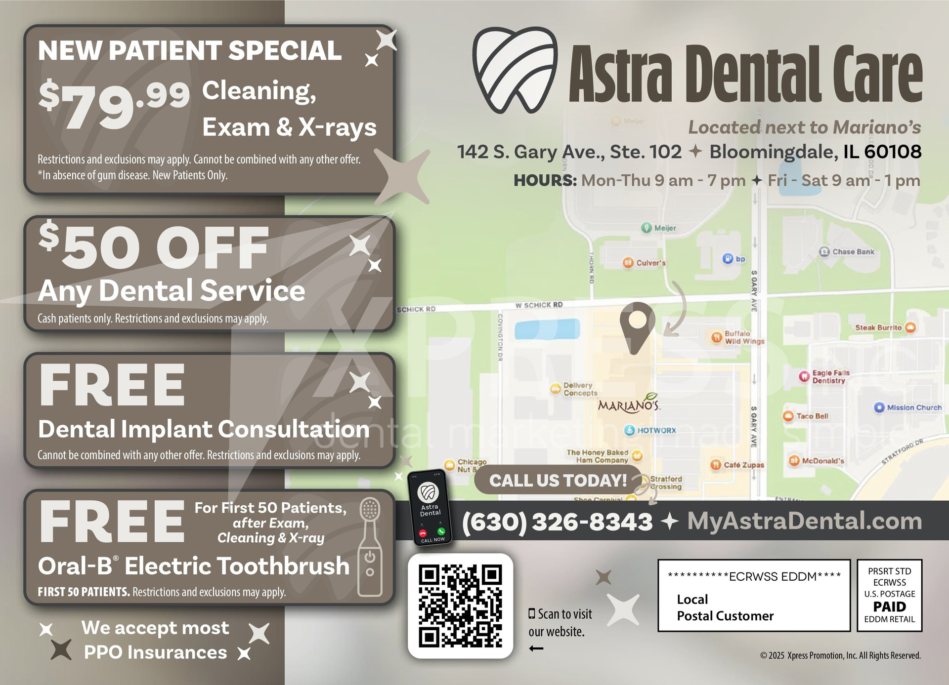 Dental marketing flyer for Q and A Dental Care featuring a dentist, services list, contact info, and $99 new patient offer.