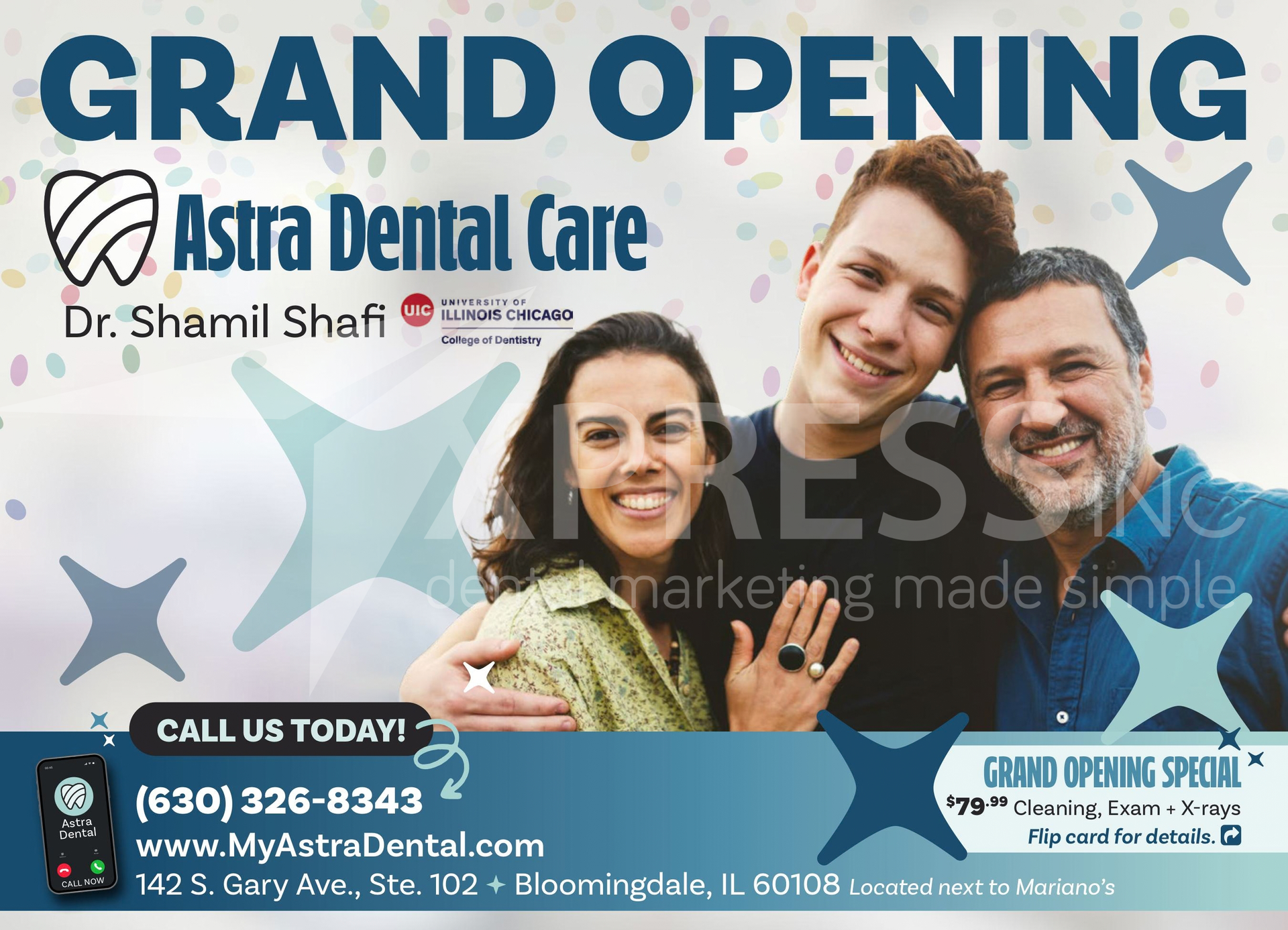 A dental ad featuring a smiling person holding a flower over one eye. Includes contact info and “Special Offers Inside.”