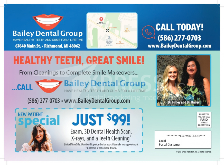 Flyer for Astra Dental Care in Bloomingdale, IL, featuring special offers, contact info, a location map, and website.