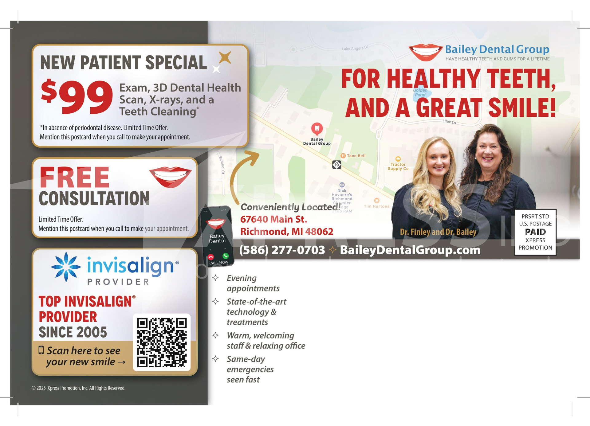 Promotional flyer for Montpelier Family Dentistry, listing services, a new patient offer, location, and contact information.
