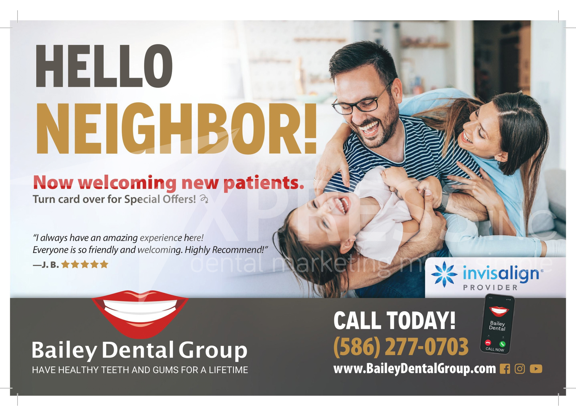 A fall-themed promotional flyer for Montpelier Family Dentistry featuring a family walking outdoors, with contact details.