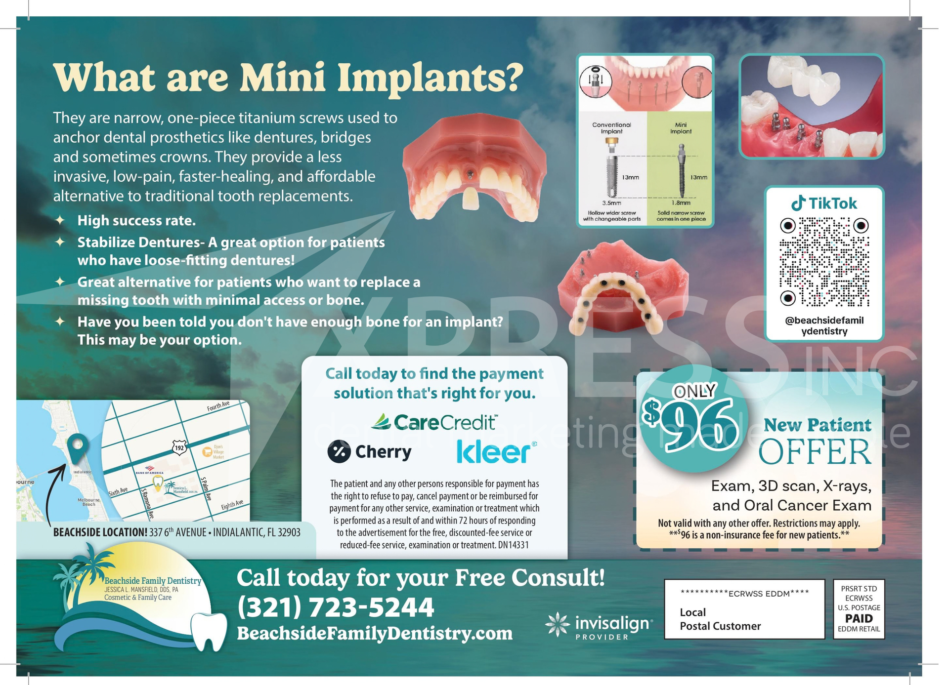 Promotional flyer for Bella Dental, featuring a dentist, office details, contact info, and special patient offers.