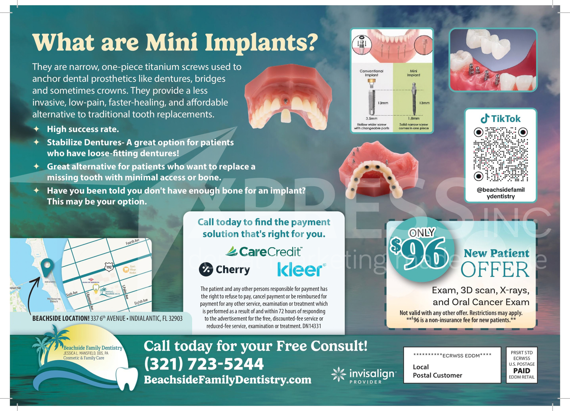 Dental office mailer promoting a $99 new patient special, membership plans, location details, and contact information.