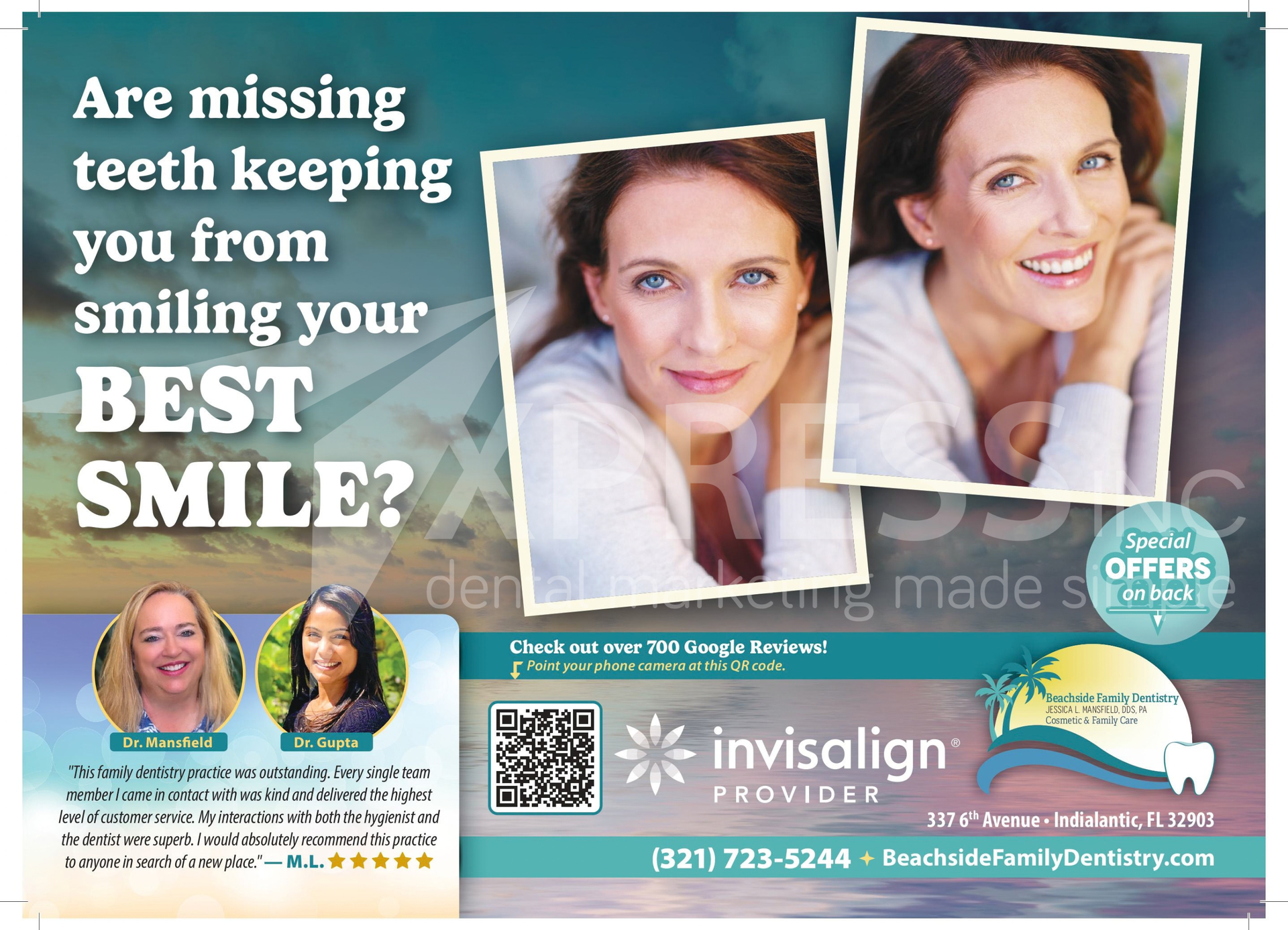 Dental emergency advertisement for Bella Dental featuring a person in pain, contact info, and a free offer for an exam.