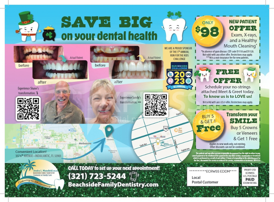 Dental office mailer promoting a $99 new patient special, membership plans, location details, and contact information.