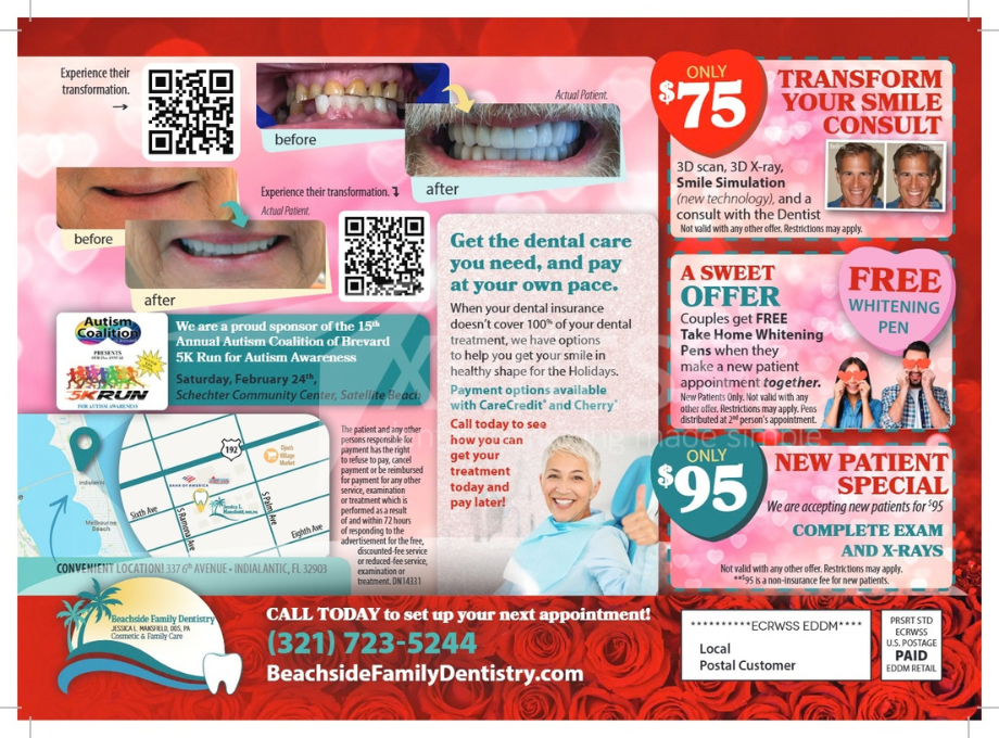 Soul Smiles Dentistry promotional mailer featuring a map, contact info, and special offers for new patients.