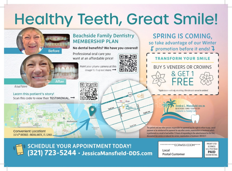 Promotional postcard for Core Dentistry, featuring a $59 new patient special, contact info, and map for their Fort Mill office.