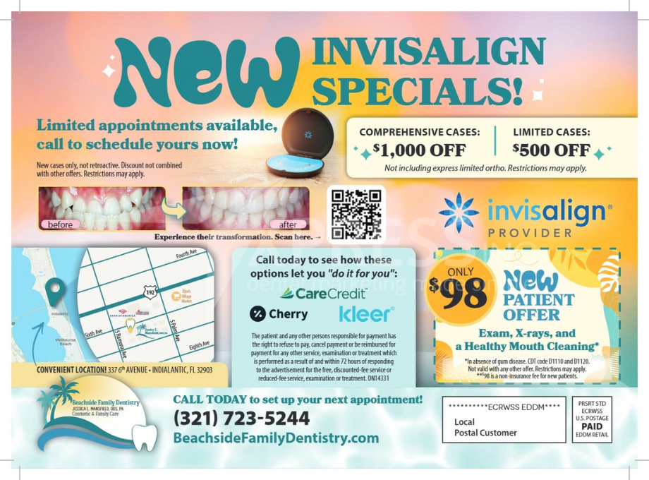 Soul Smiles Dentistry promotional mailer featuring a map, contact info, and special offers for new patients.