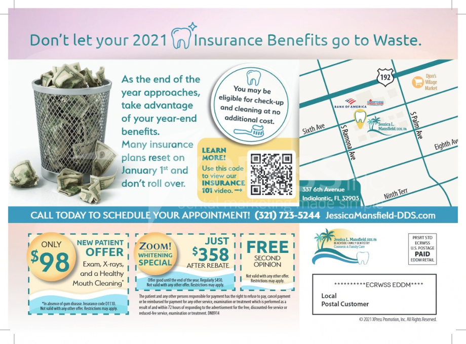 Soul Smiles Dentistry promotional mailer featuring a map, contact info, and special offers for new patients.