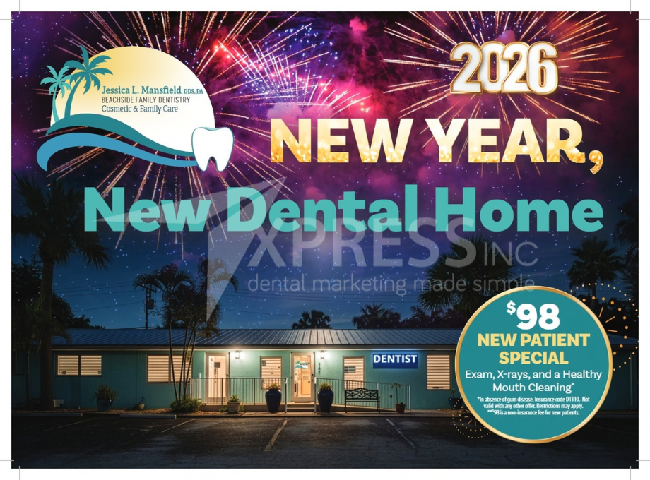 A dental ad featuring a smiling person holding a flower over one eye. Includes contact info and “Special Offers Inside.”