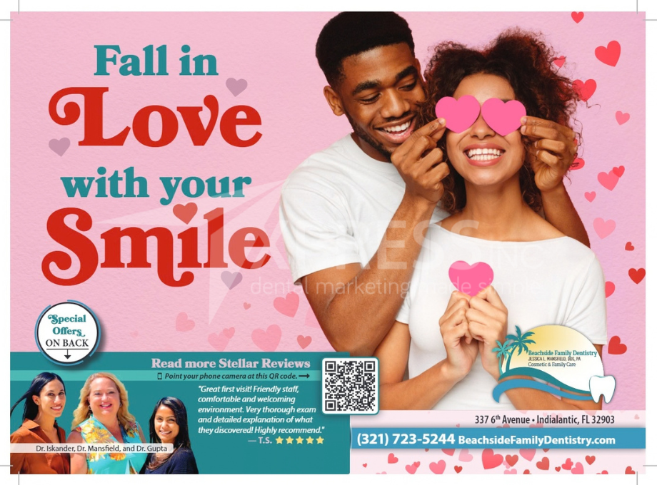 A dental ad featuring a smiling person holding a flower over one eye. Includes contact info and “Special Offers Inside.”