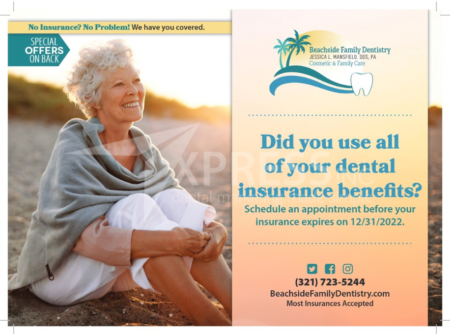 A dental ad featuring a smiling person holding a flower over one eye. Includes contact info and “Special Offers Inside.”