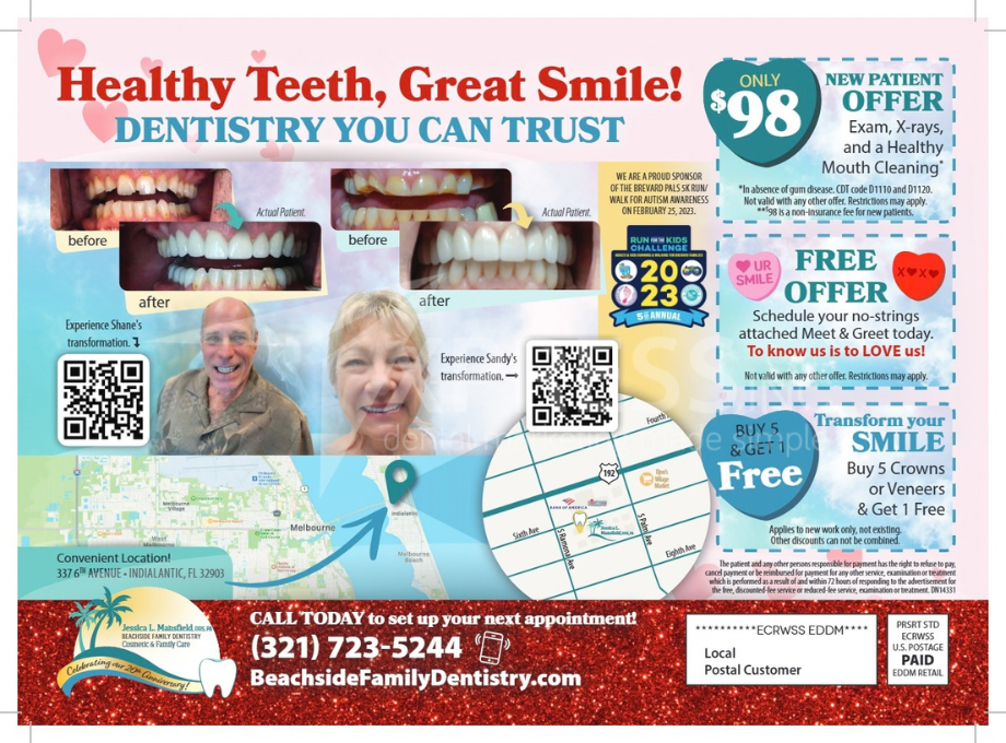 Dental Wellness Center promotional postcard offering $2,000 off implant procedures and a free consultation at (920) 328-0995.