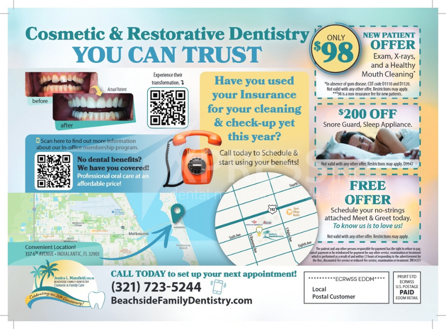 Promotional flyer for Montpelier Family Dentistry, listing services, a new patient offer, location, and contact information.