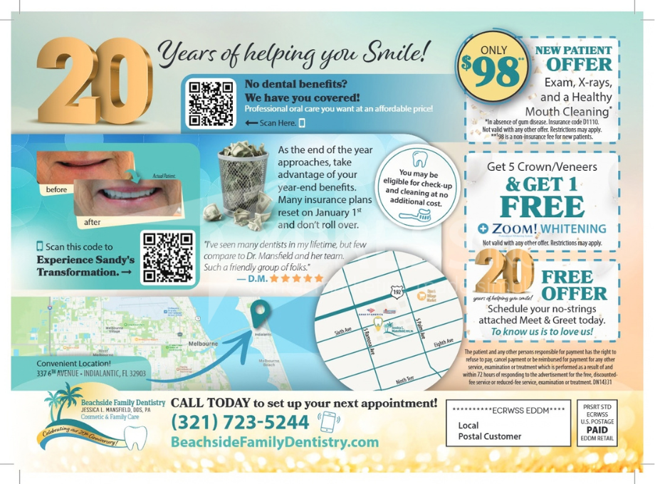 Promotional flyer for Montpelier Family Dentistry, listing services, a new patient offer, location, and contact information.